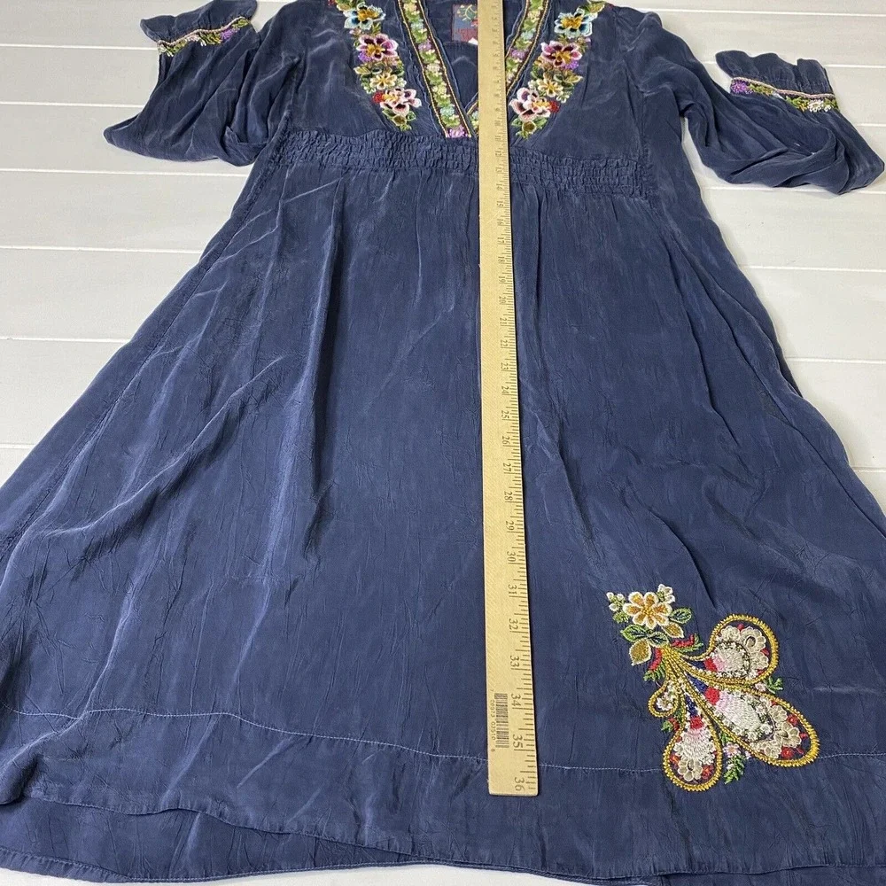 Johnny Was Navy Embroidered Dress Long Sleeve V‎ Neck Women's Size XS